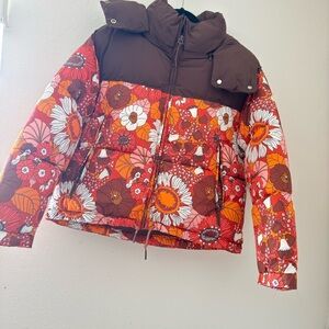 Zara Brown and Red Floral Puffer Jacket